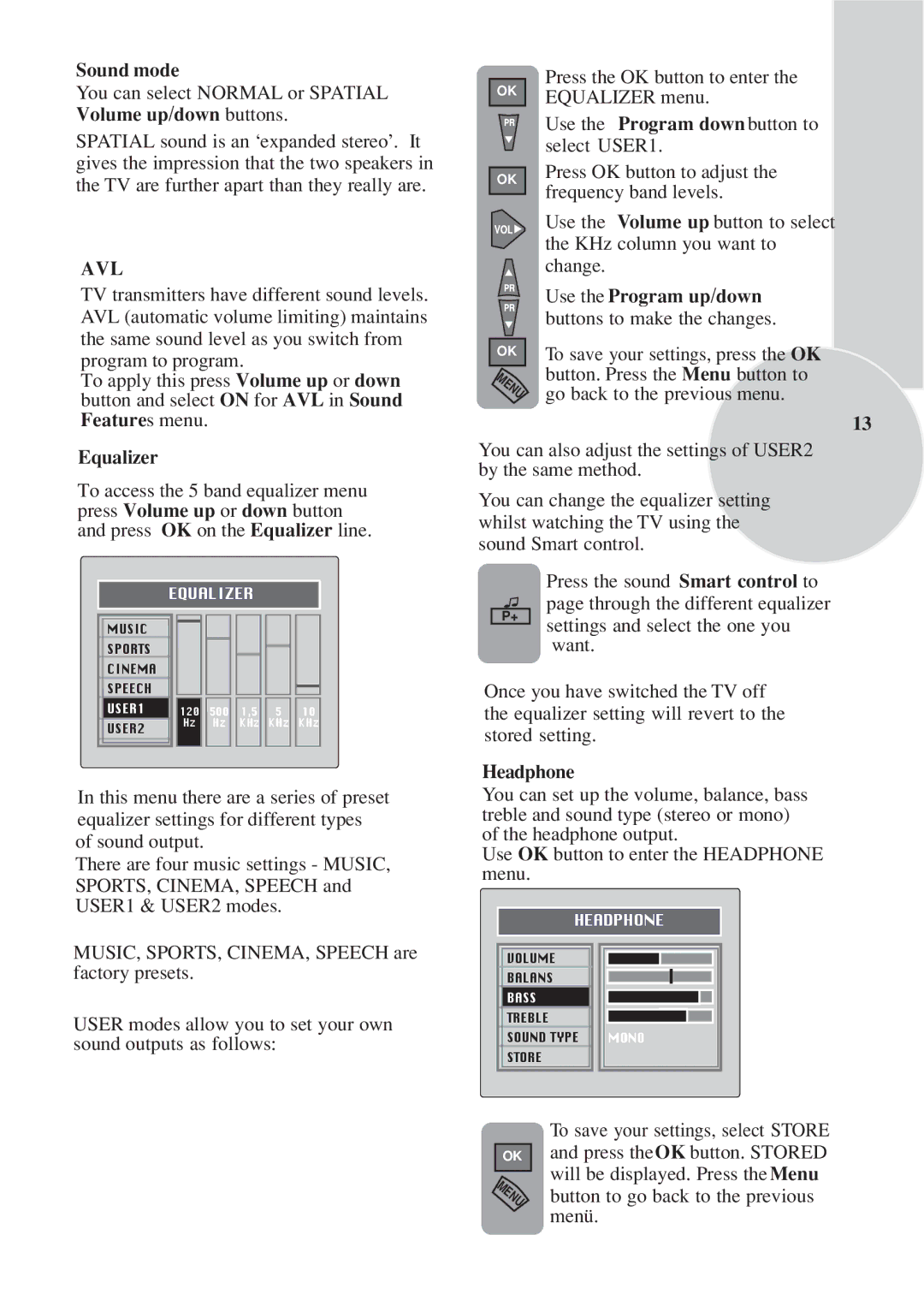 Toshiba 15VL33 owner manual Sound mode, Volume up/down buttons, Equalizer, Use the Program up/down 