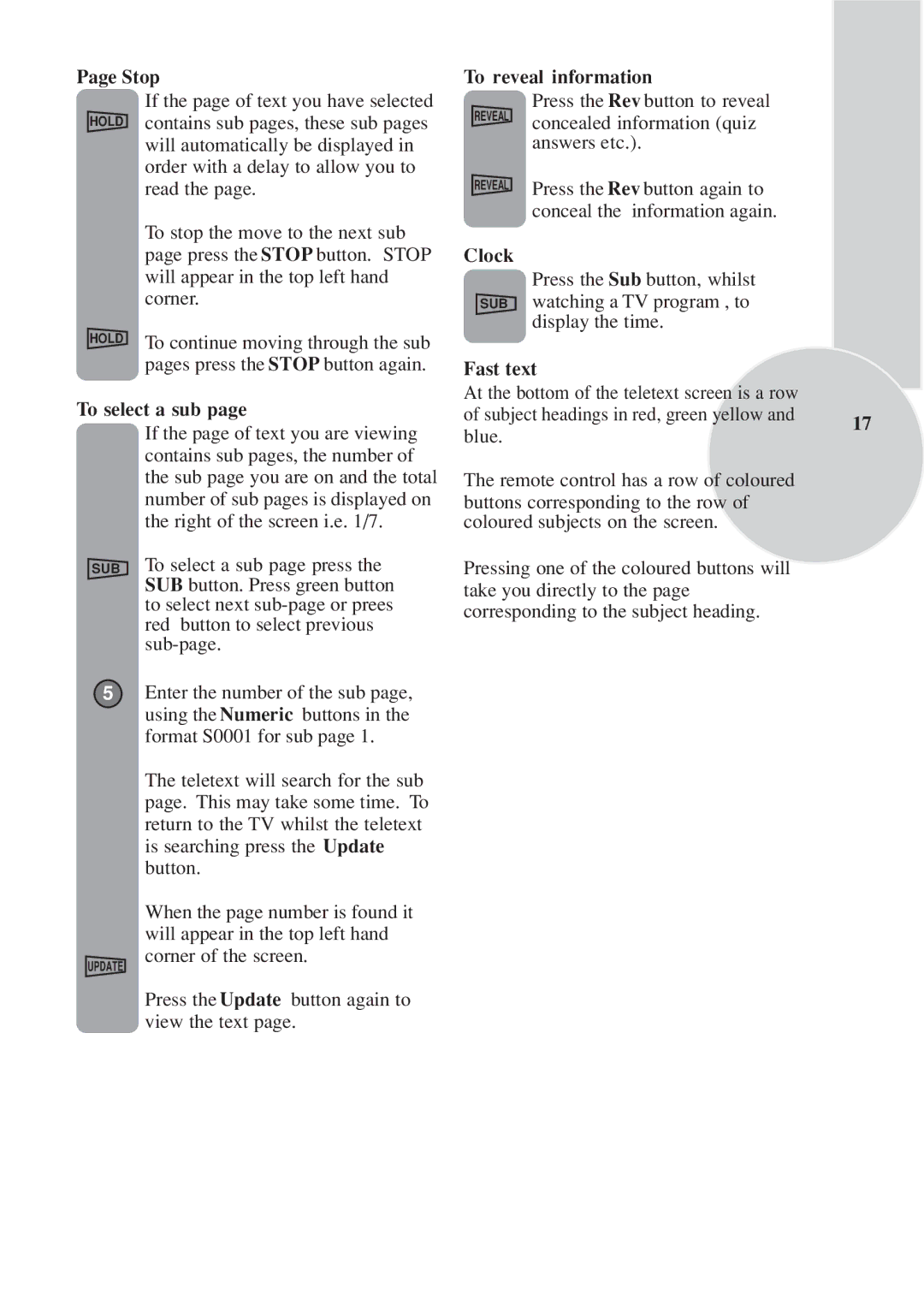 Toshiba 15VL33 owner manual Stop, To select a sub, To reveal information, Clock, Fast text 