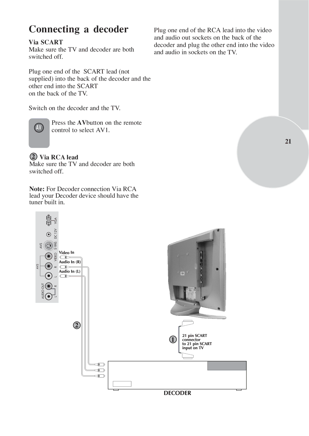 Toshiba 15VL33 owner manual Connecting a decoder, Control to select AV1 