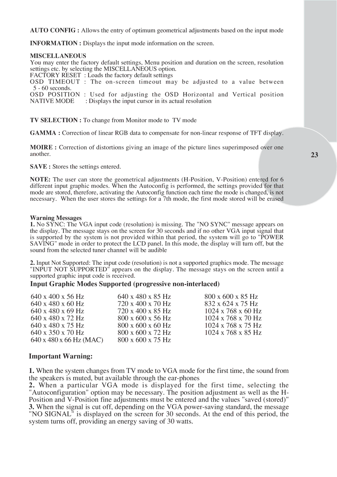 Toshiba 15VL33 owner manual Input Graphic Modes Supported progressive non-interlaced, Important Warning 