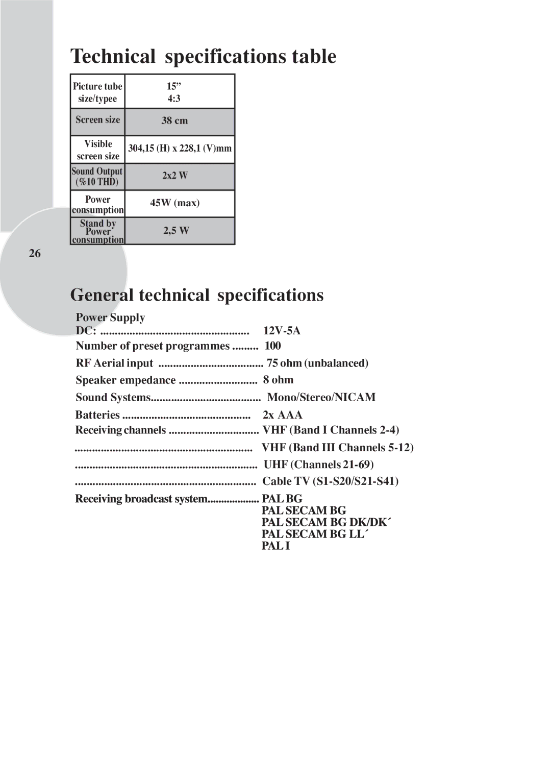 Toshiba 15VL33 owner manual General technical specifications 