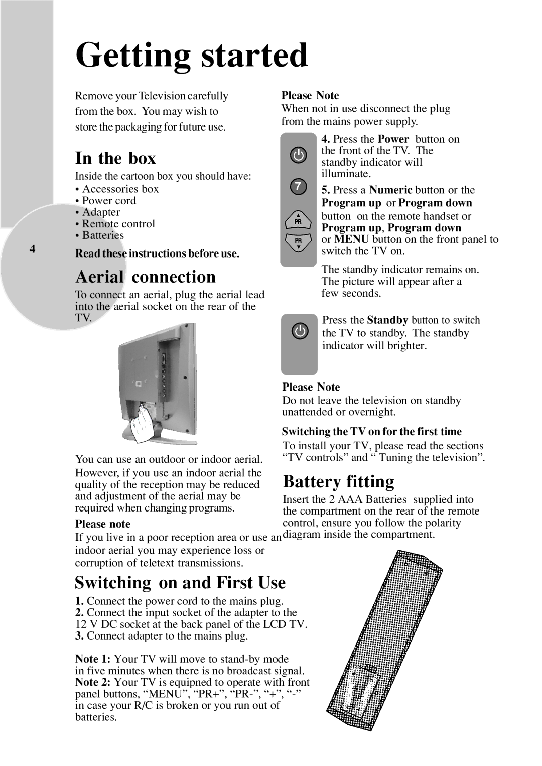 Toshiba 15VL33 owner manual Getting started, Box, Aerial connection, Battery fitting, Switching on and First Use 