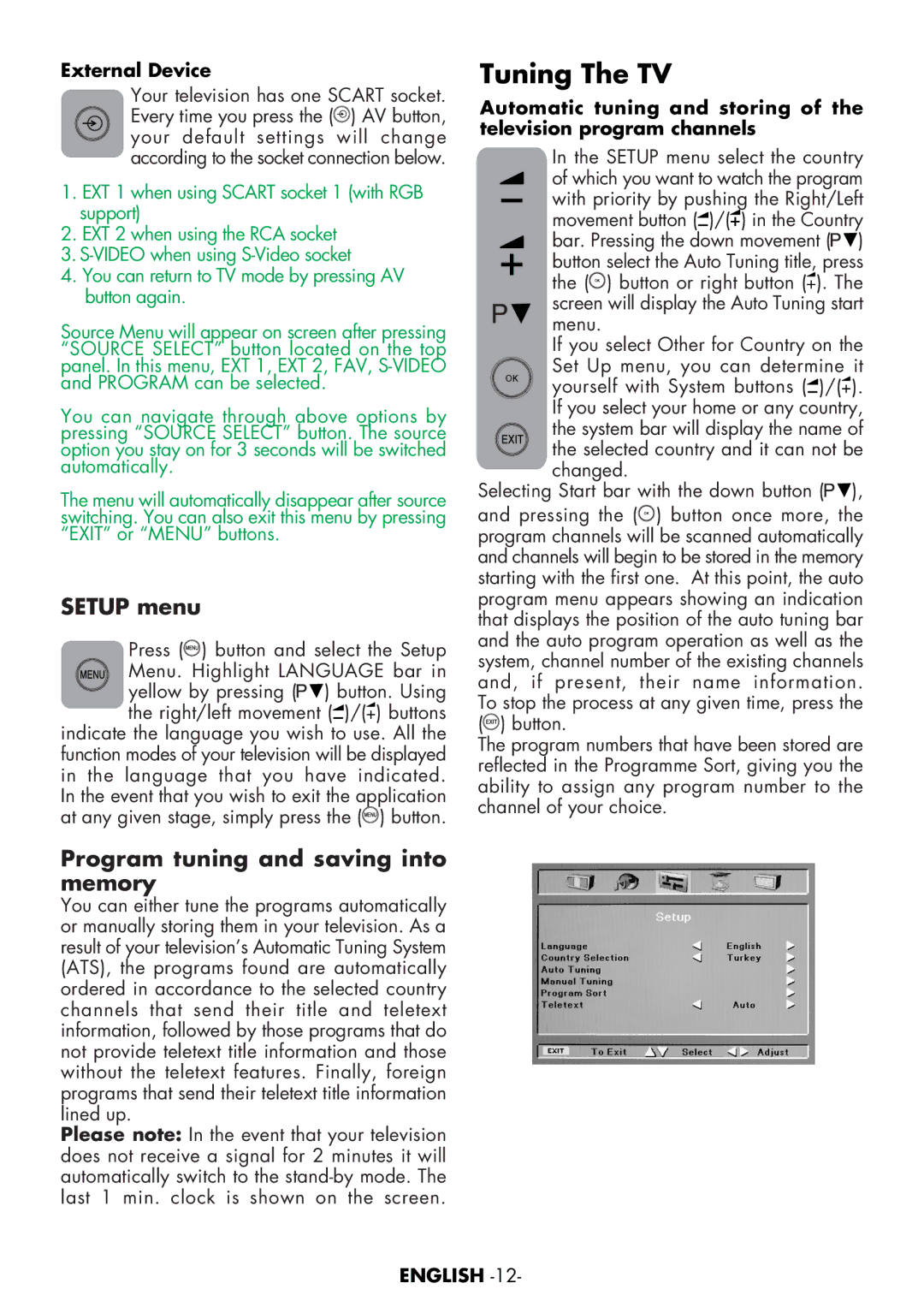 Toshiba 15VL63c manual Setup menu, Program tuning and saving into memory, External Device 