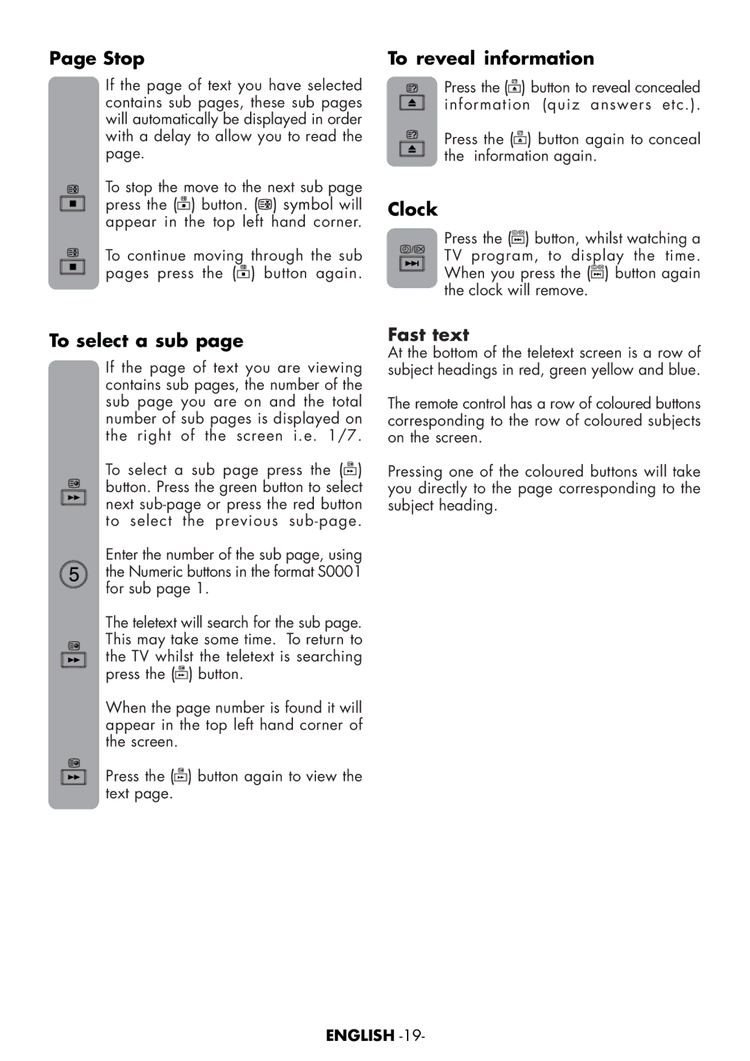 Toshiba 15VL63c manual Stop, To reveal information, Clock, To select a sub, Fast text 