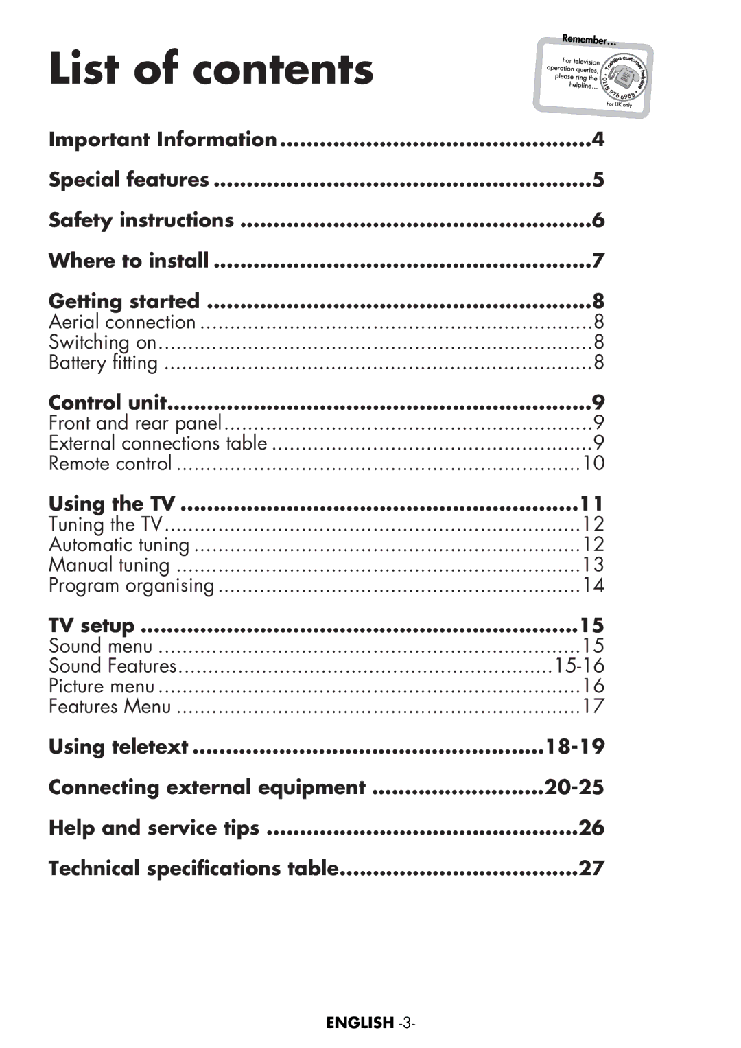 Toshiba 15VL63c manual List of contents 