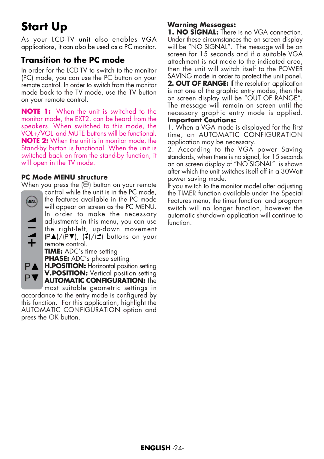 Toshiba 15VL63c manual Transition to the PC mode, PC Mode Menu structure, Important Cautions 