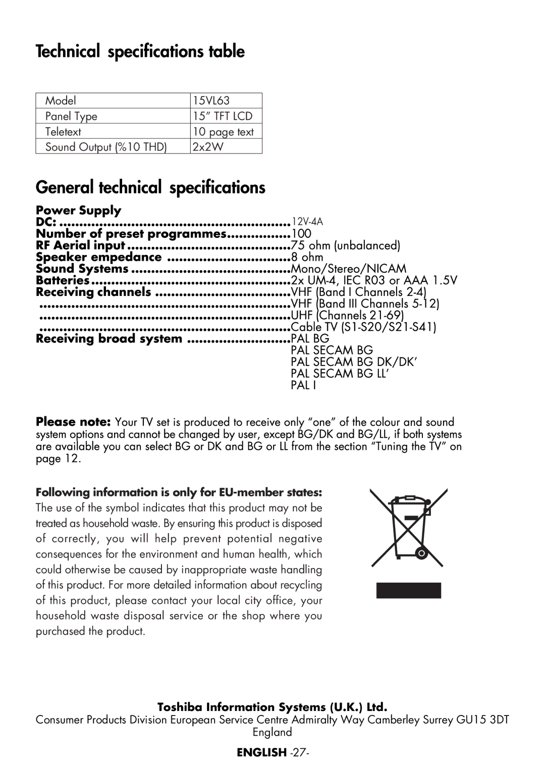 Toshiba 15VL63c manual Following information is only for EU-member states 