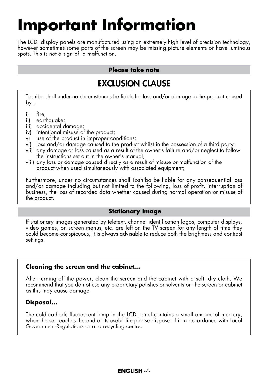 Toshiba 15VL63c manual Important Information, Exclusion Clause 