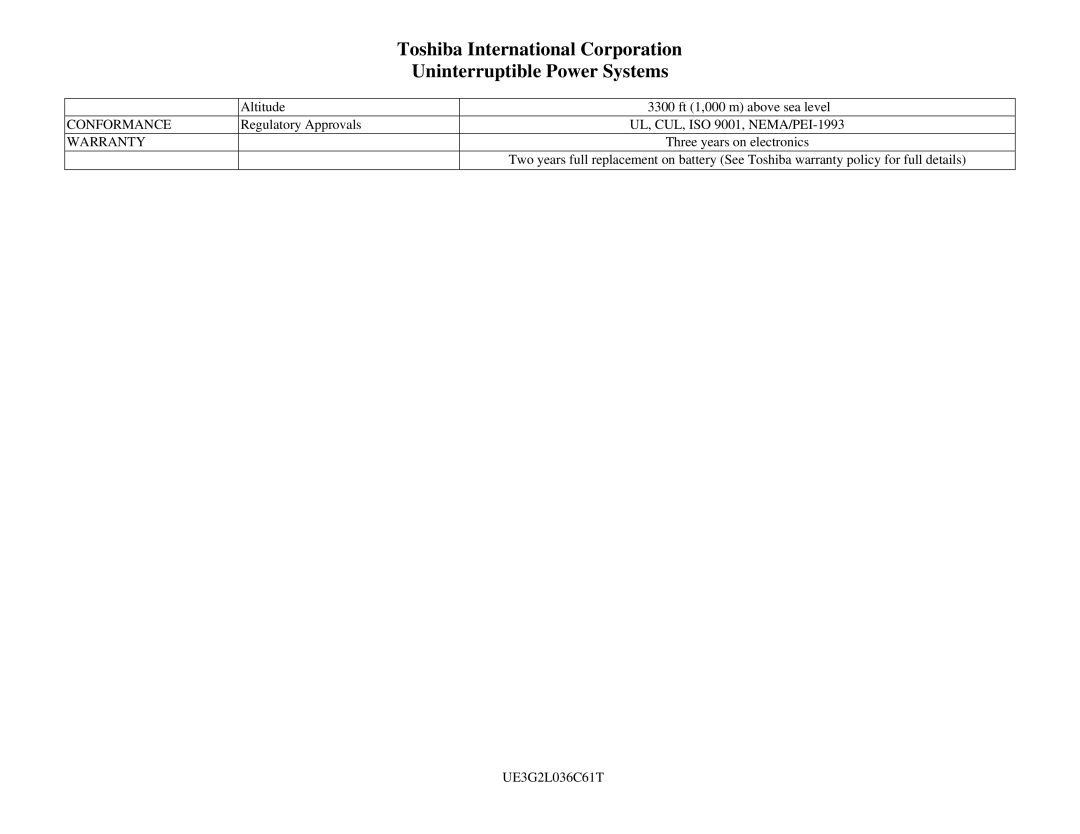 Toshiba 1600 Series specifications Toshiba International Corporation, Uninterruptible Power Systems, Conformance, Warranty 