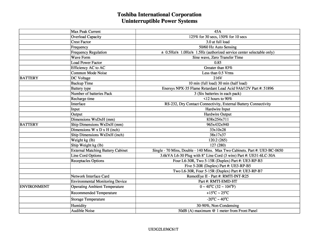 Toshiba 1600 Series specifications Toshiba International Corporation, Uninterruptible Power Systems 