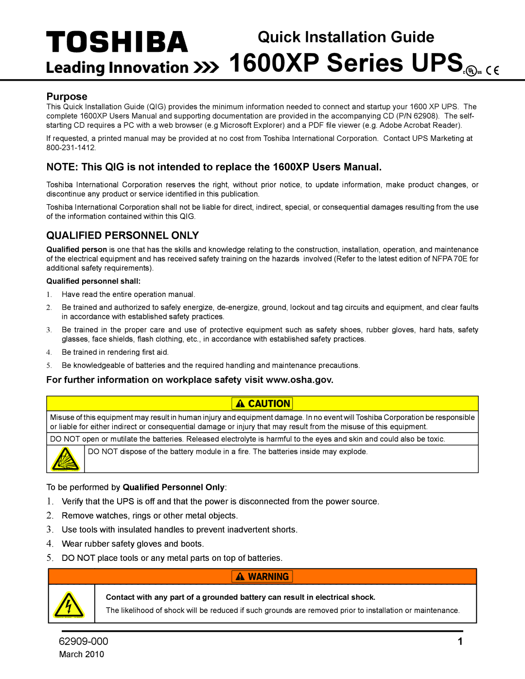 Toshiba 1600 XP UPS user manual Purpose, To be performed by Qualified Personnel Only, Qualified personnel shall 