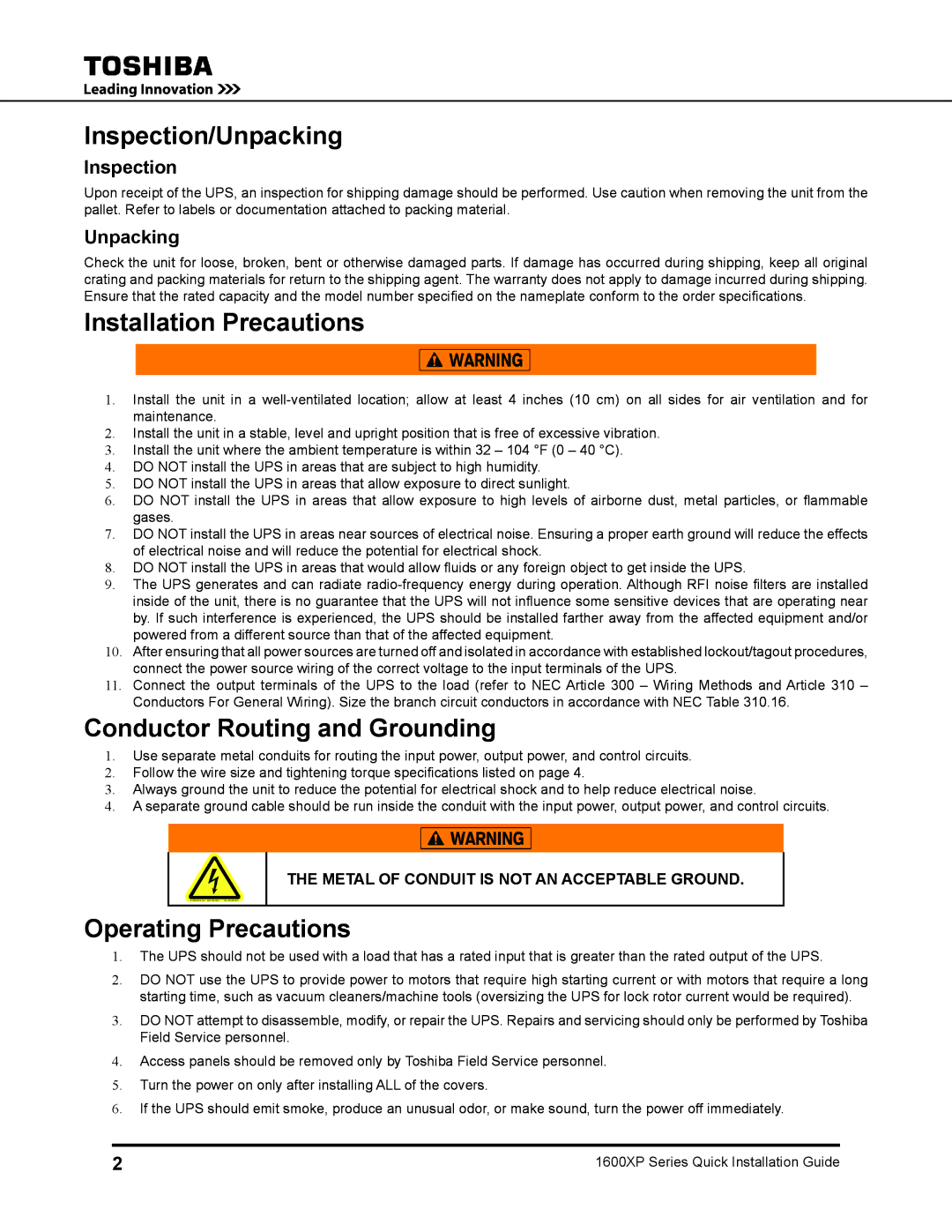 Toshiba 1600 XP UPS Inspection/Unpacking, Installation Precautions, Conductor Routing and Grounding, Operating Precautions 