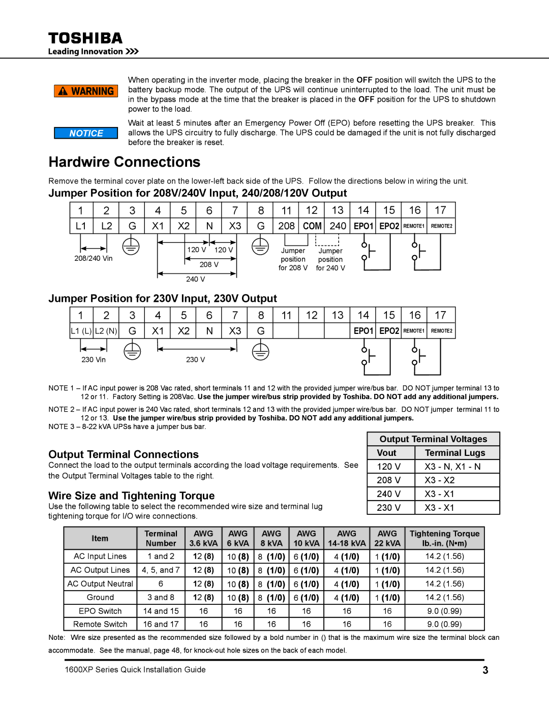 Toshiba 1600 XP UPS user manual Hardwire Connections, Jumper Position for 208V/240V Input, 240/208/120V Output 