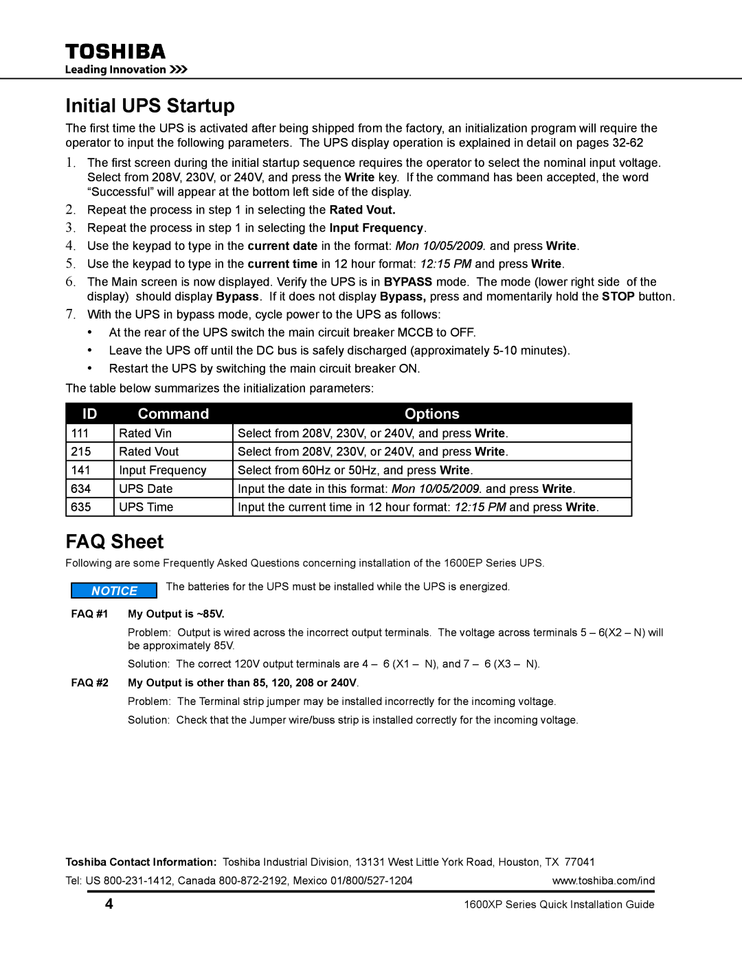 Toshiba 1600 XP UPS user manual Initial UPS Startup, FAQ Sheet, FAQ #1 My Output is ~85V 