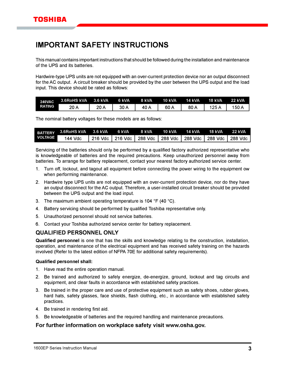 Toshiba 1600EP Series manual Important Safety Instructions, Qualified personnel shall 