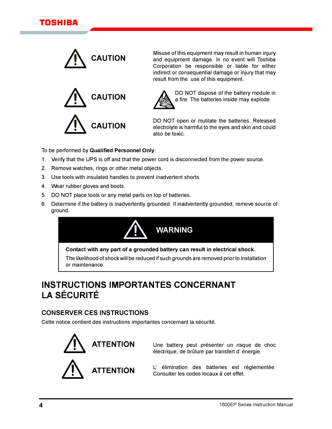 Toshiba 1600EP Series manual Instructions Importantes Concernant LA Sécurité, To be performed by Qualified Personnel Only 