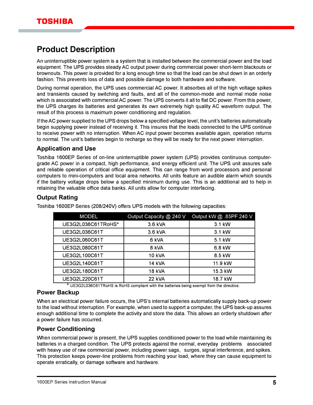 Toshiba 1600EP Series manual Product Description, Application and Use, Output Rating, Power Backup, Power Conditioning 