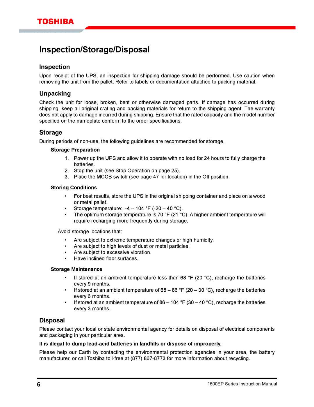 Toshiba 1600EP Series manual Inspection/Storage/Disposal, Unpacking 