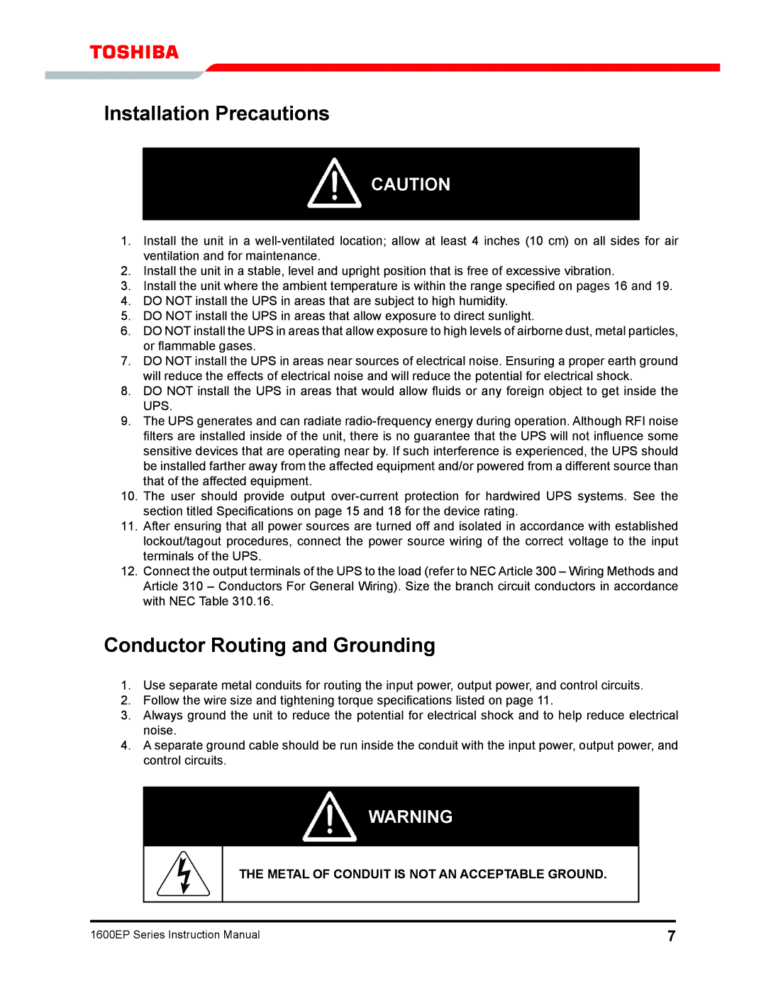 Toshiba 1600EP Series manual Installation Precautions, Conductor Routing and Grounding 