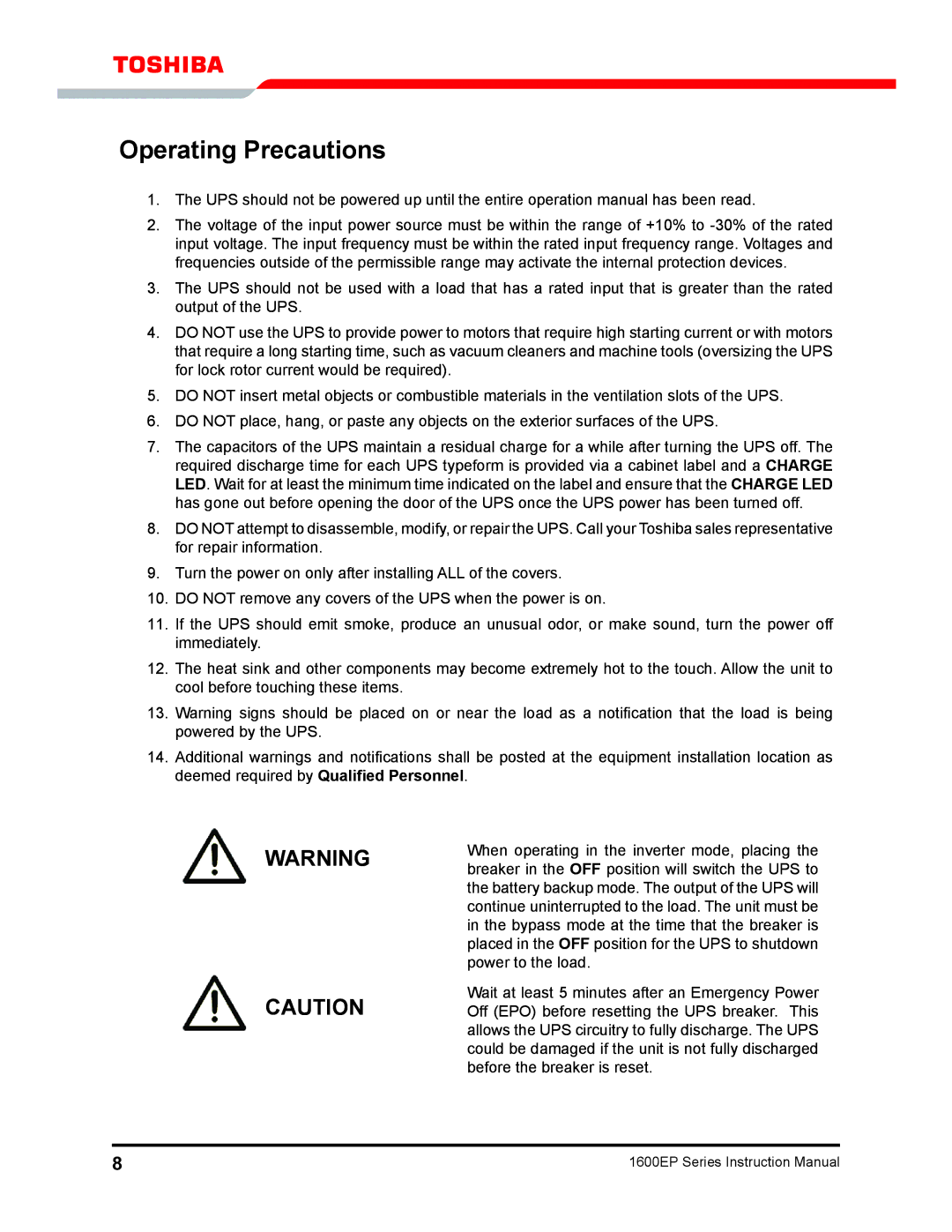 Toshiba 1600EP Series manual Operating Precautions 