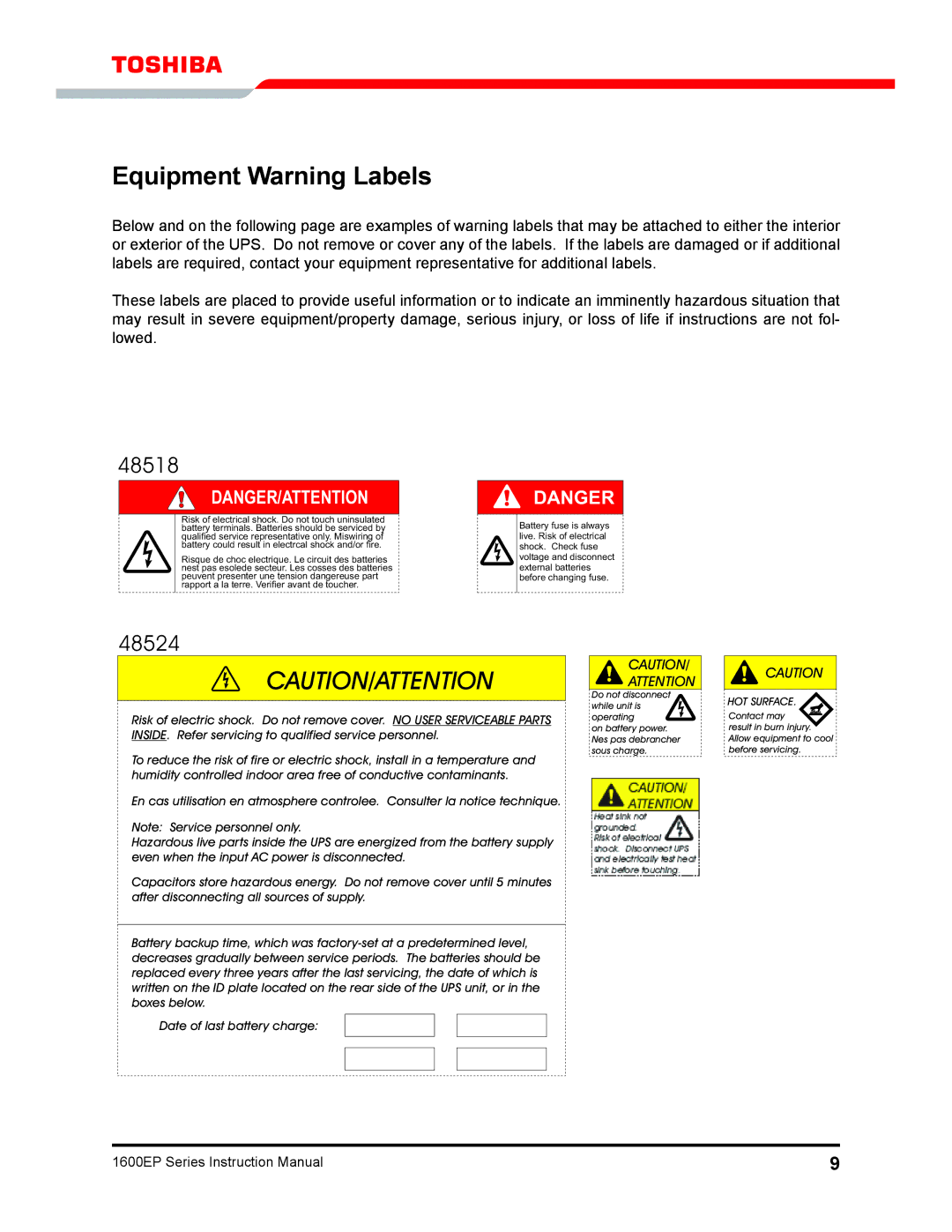 Toshiba 1600EP Series manual Equipment Warning Labels, 48518 