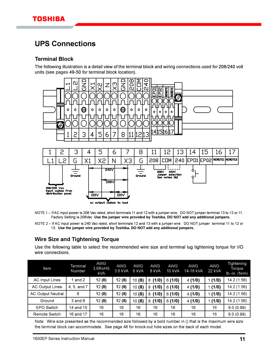 Toshiba 1600EP Series manual UPS Connections, Terminal Block, Wire Size and Tightening Torque 