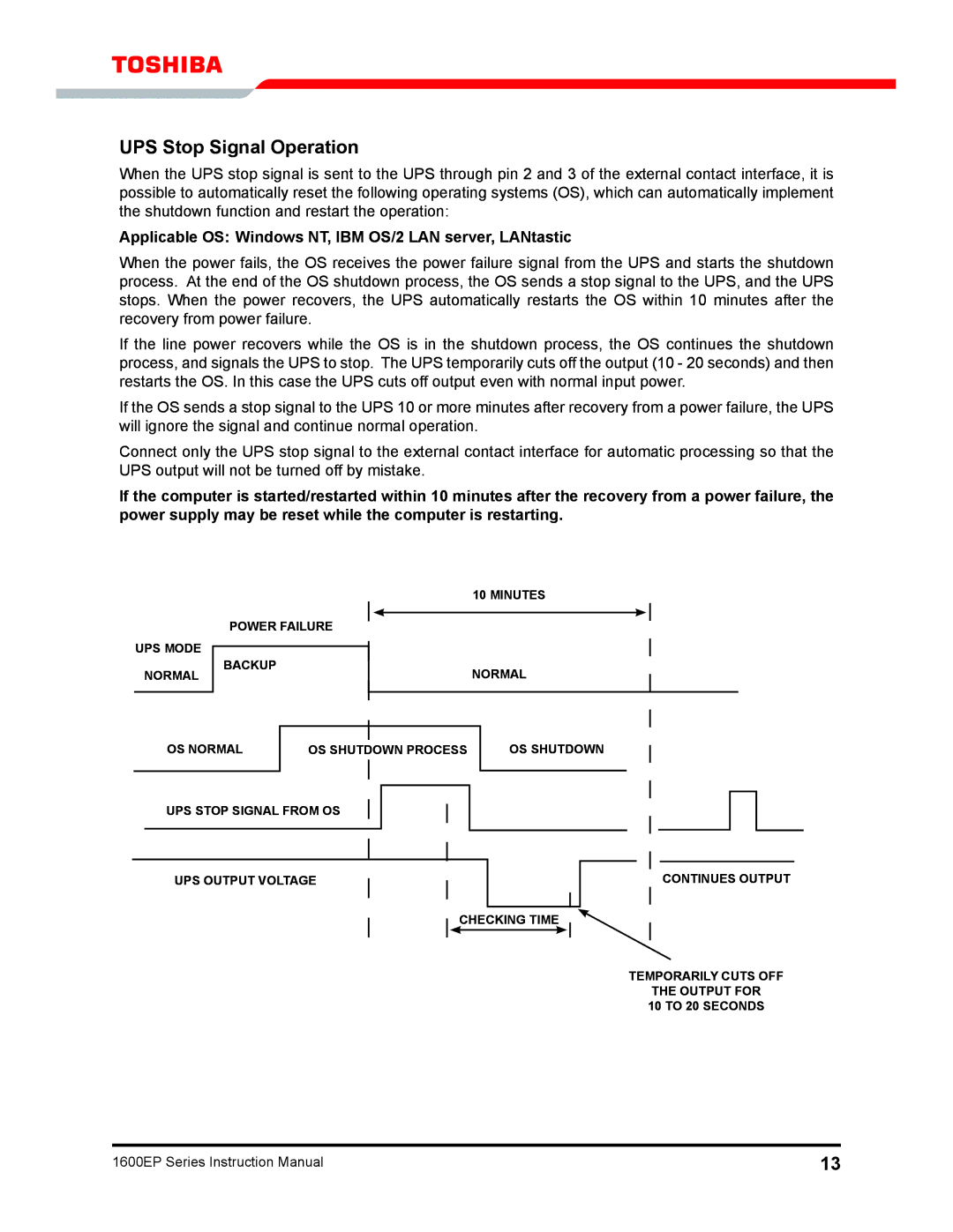 Toshiba 1600EP Series manual UPS Stop Signal Operation, Applicable OS Windows NT, IBM OS/2 LAN server, LANtastic 