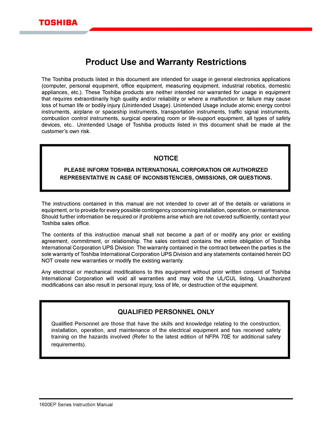 Toshiba 1600EP Series manual Product Use and Warranty Restrictions, Qualified Personnel only 