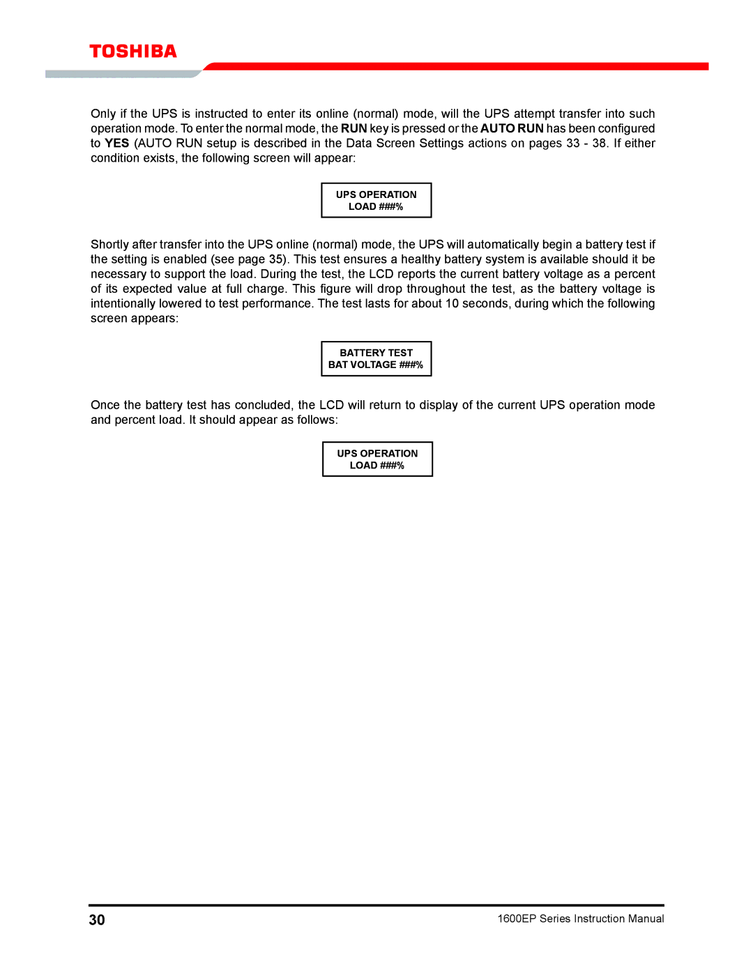 Toshiba 1600EP Series manual Ups operation Load ###% 