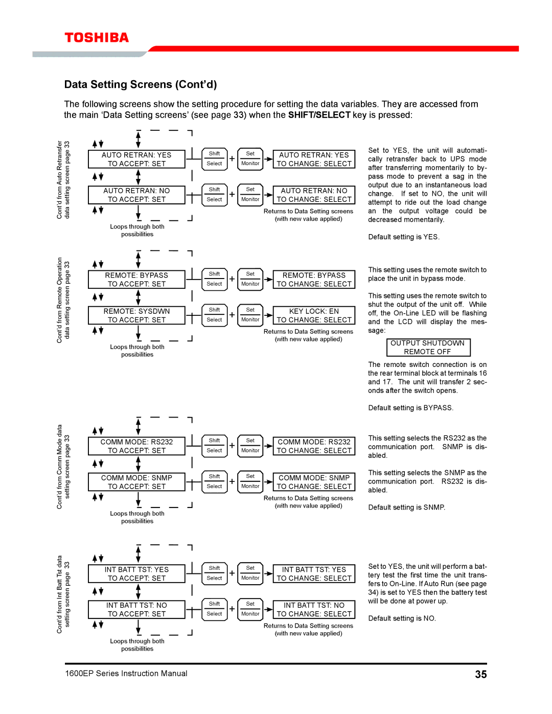 Toshiba 1600EP Series manual Auto Retran YES To Accept SET Auto Retran no 