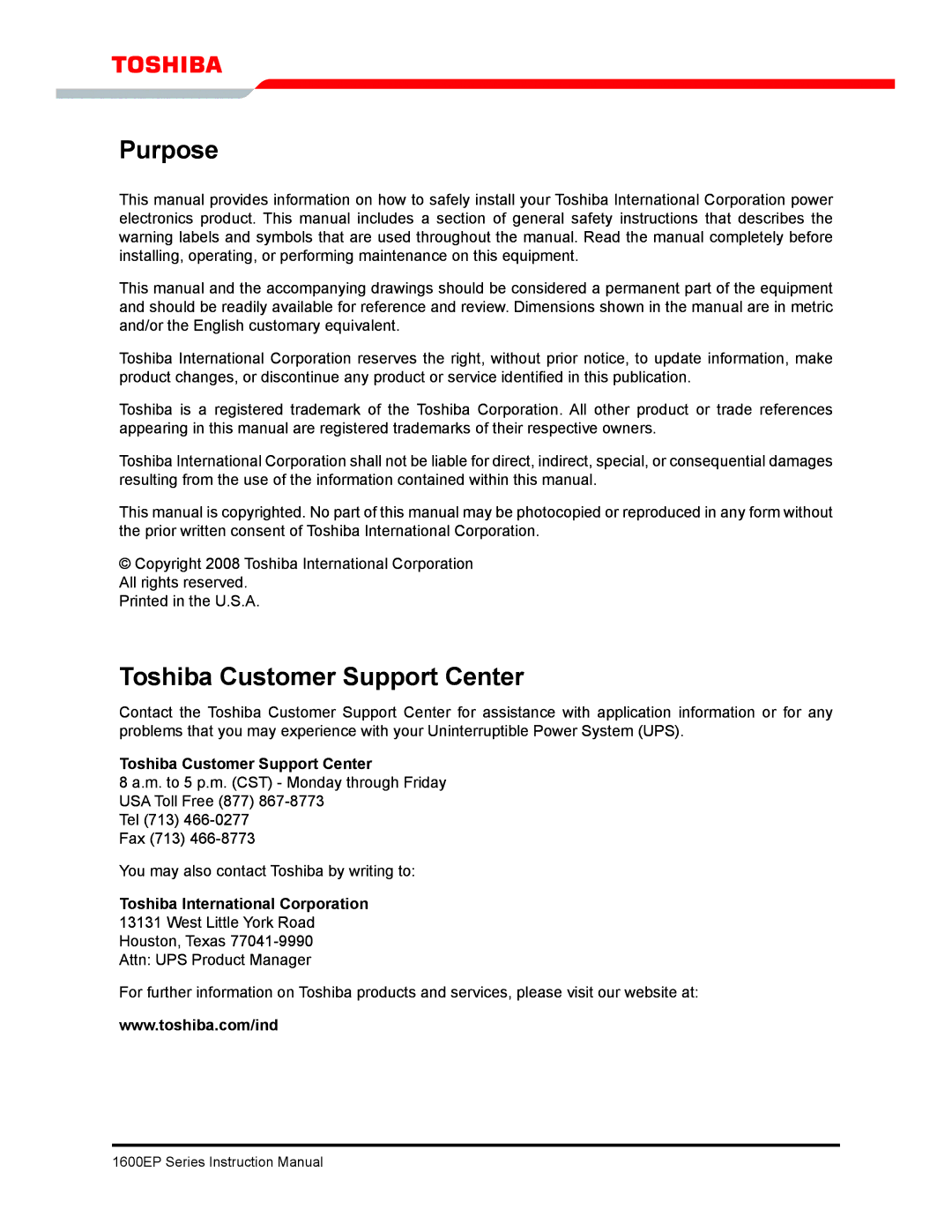 Toshiba 1600EP Series manual Purpose, Toshiba Customer Support Center, Toshiba International Corporation 