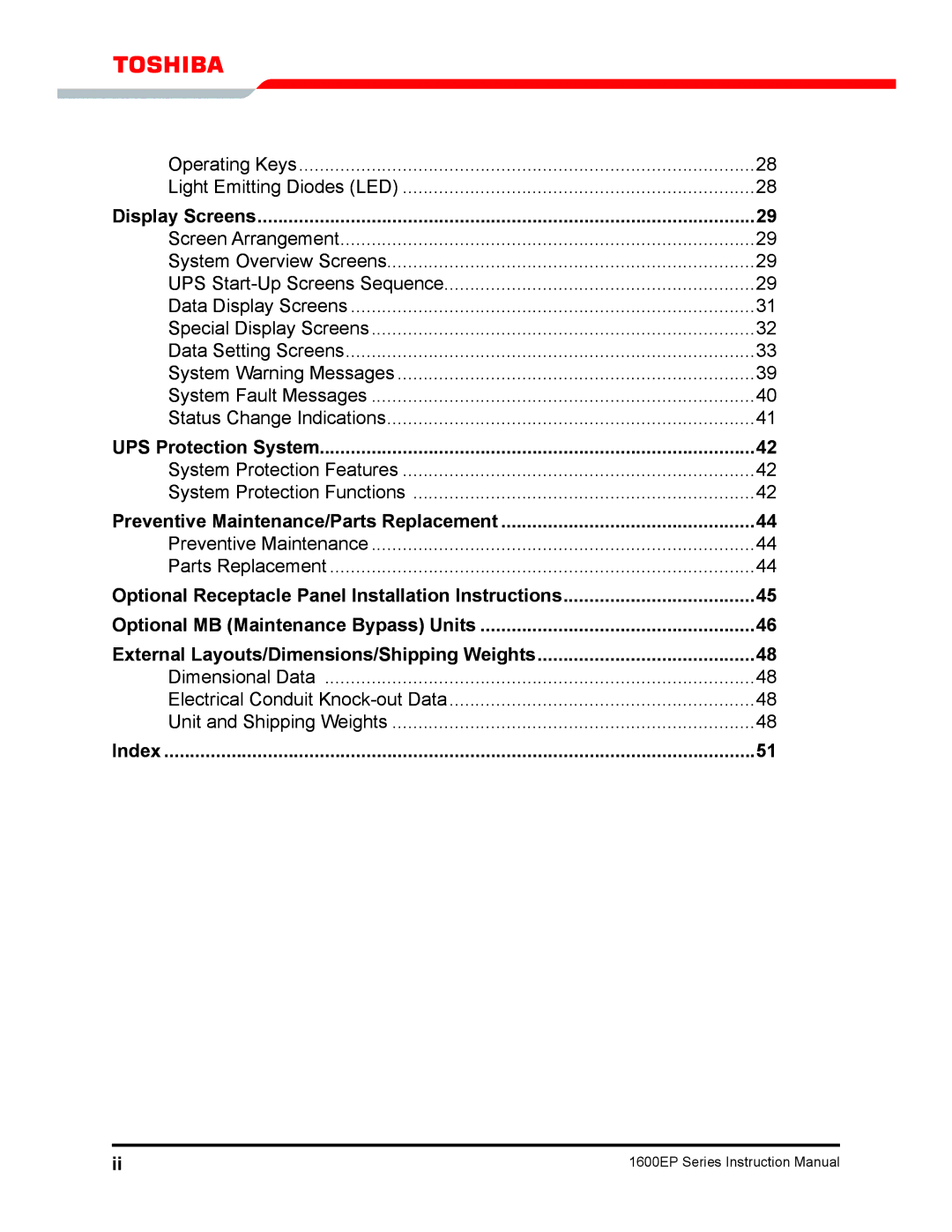 Toshiba 1600EP Series manual Display Screens, UPS Protection System, Preventive Maintenance/Parts Replacement, Index 