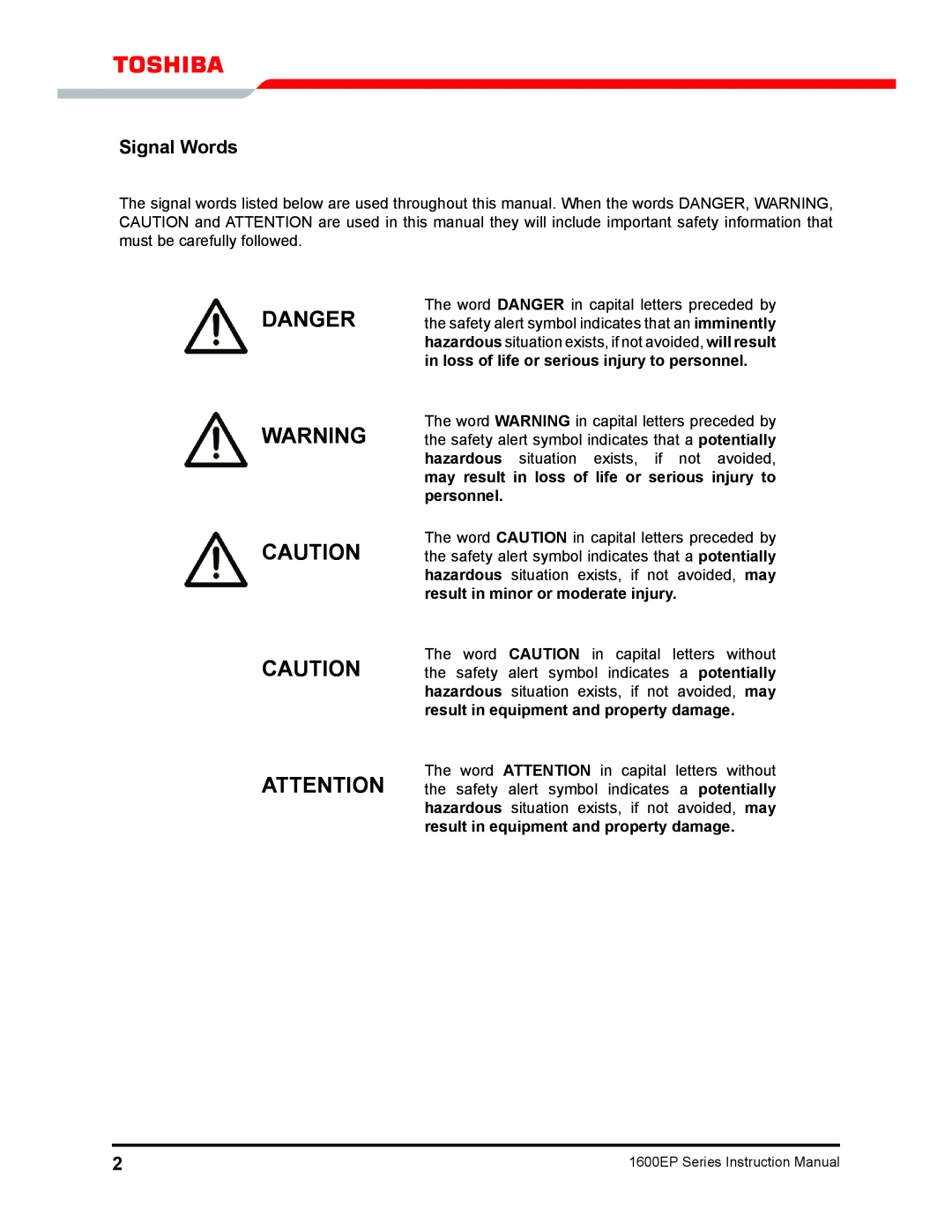 Toshiba 1600EP Series manual Danger, Signal Words 