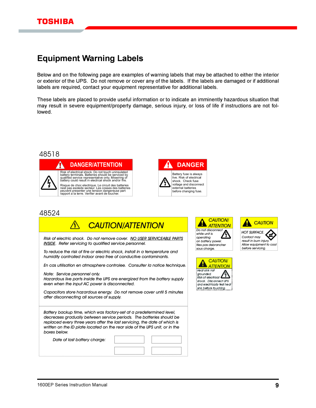 Toshiba 1600EP Series manual Equipment Warning Labels, 48518, 48524, Caution/Attention, Danger/Attention 