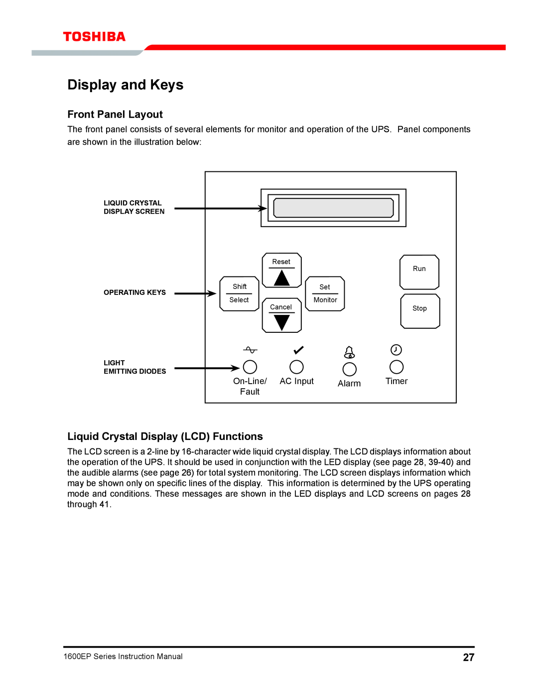 Toshiba 1600EP Series manual Display and Keys, Front Panel Layout, Liquid Crystal Display LCD Functions 