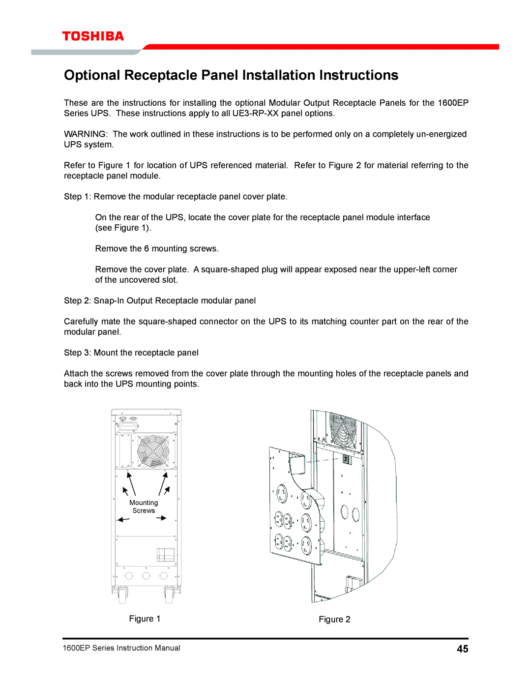 Toshiba 1600EP Series manual Optional Receptacle Panel Installation Instructions 