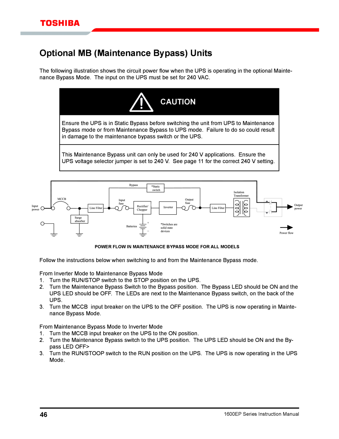 Toshiba 1600EP Series manual Optional MB Maintenance Bypass Units 