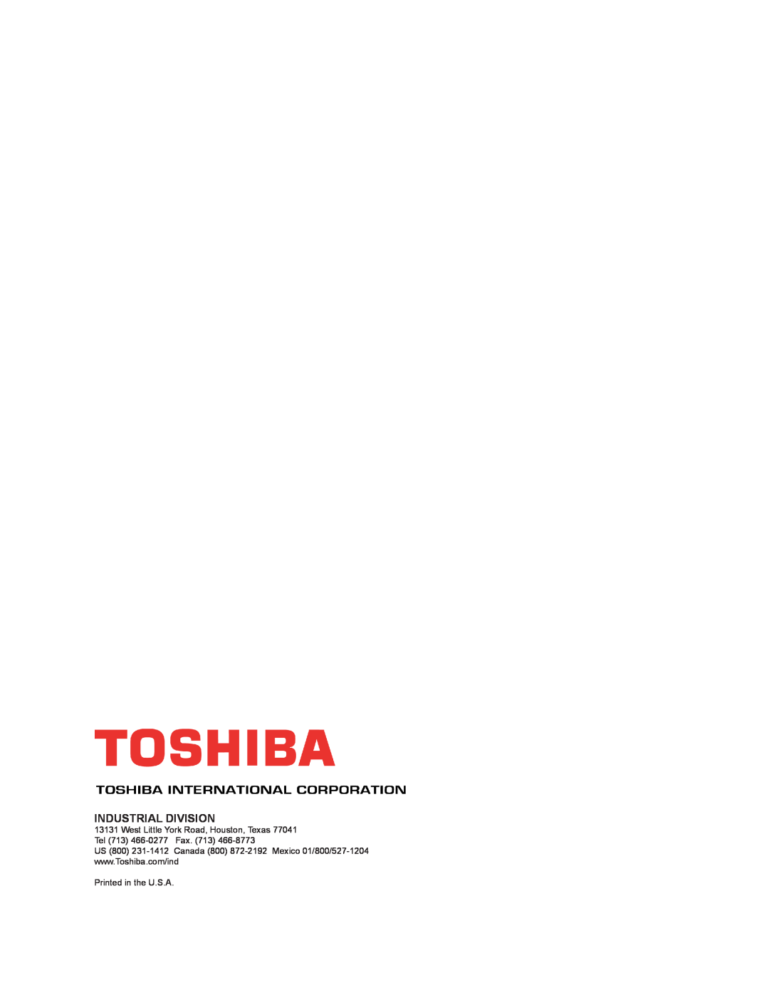 Toshiba 1600EP Series manual Industrial Division, Printed in the U.S.A 