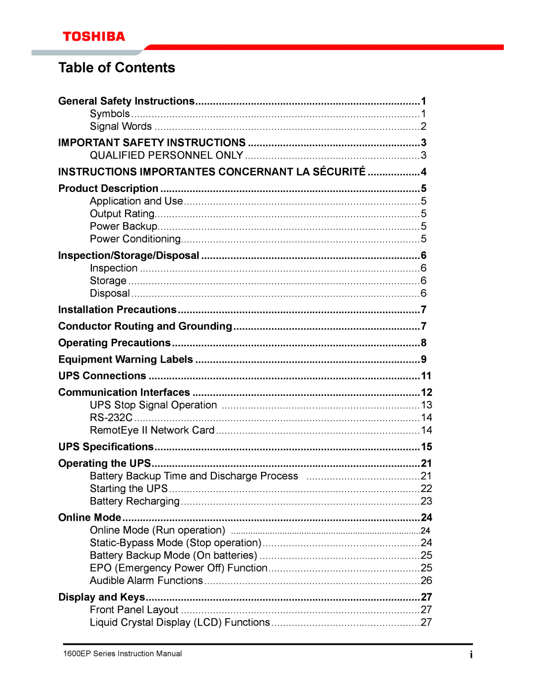 Toshiba 1600EP Series manual Table of Contents 