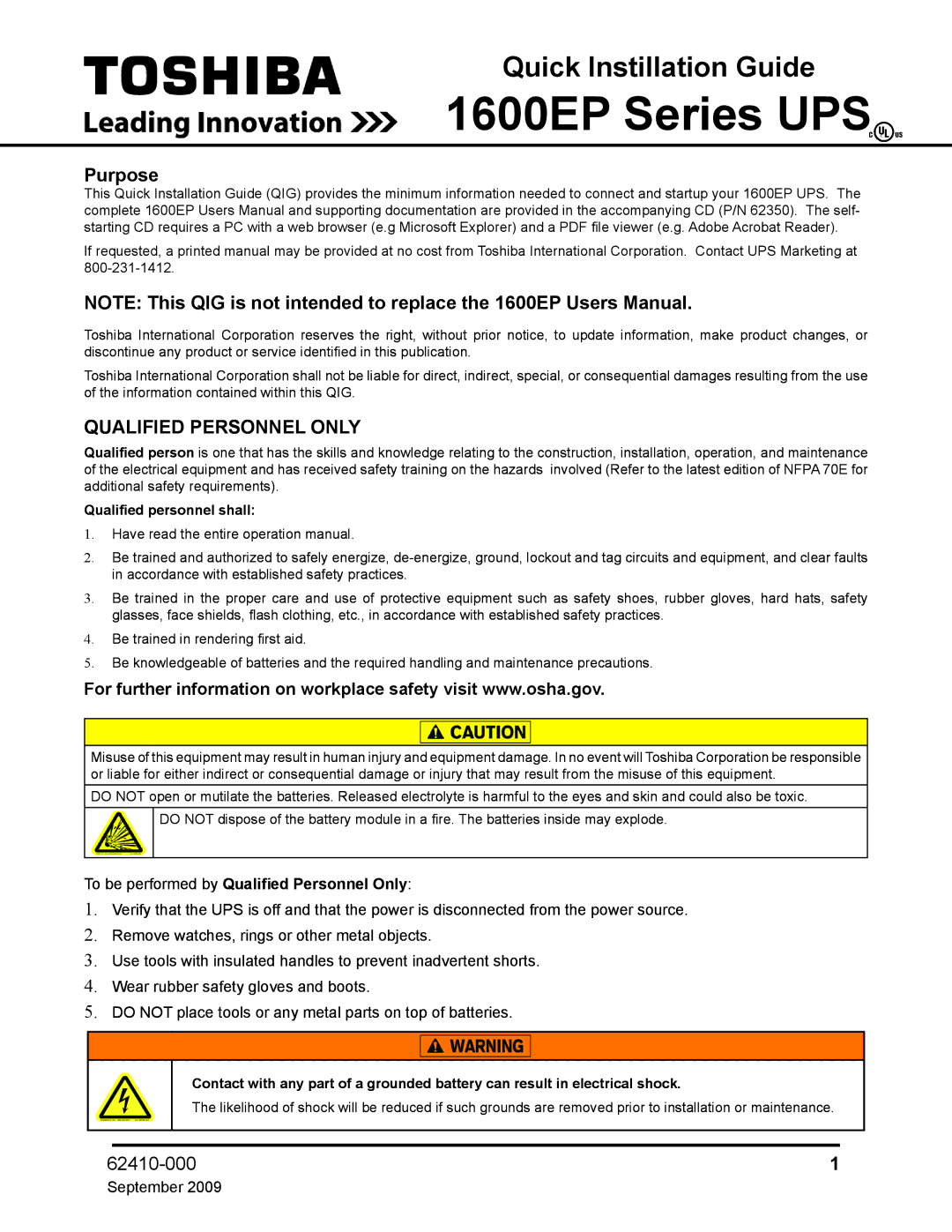 Toshiba 1600EP user manual Purpose, Qualified personnel shall 