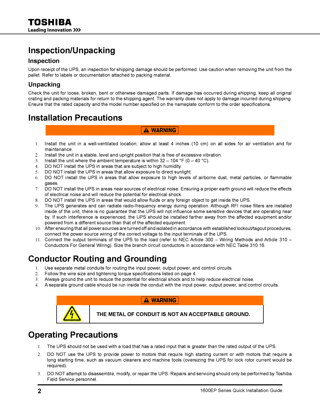 Toshiba 1600EP Inspection/Unpacking, Installation Precautions, Conductor Routing and Grounding, Operating Precautions 