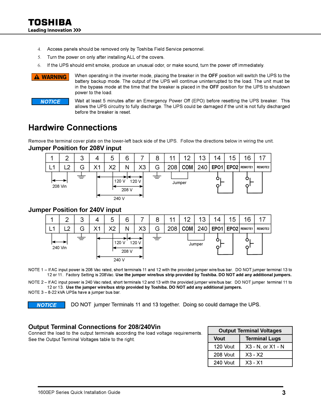 Toshiba 1600EP user manual Hardwire Connections, Jumper Position for 208V input, Jumper Position for 240V input 