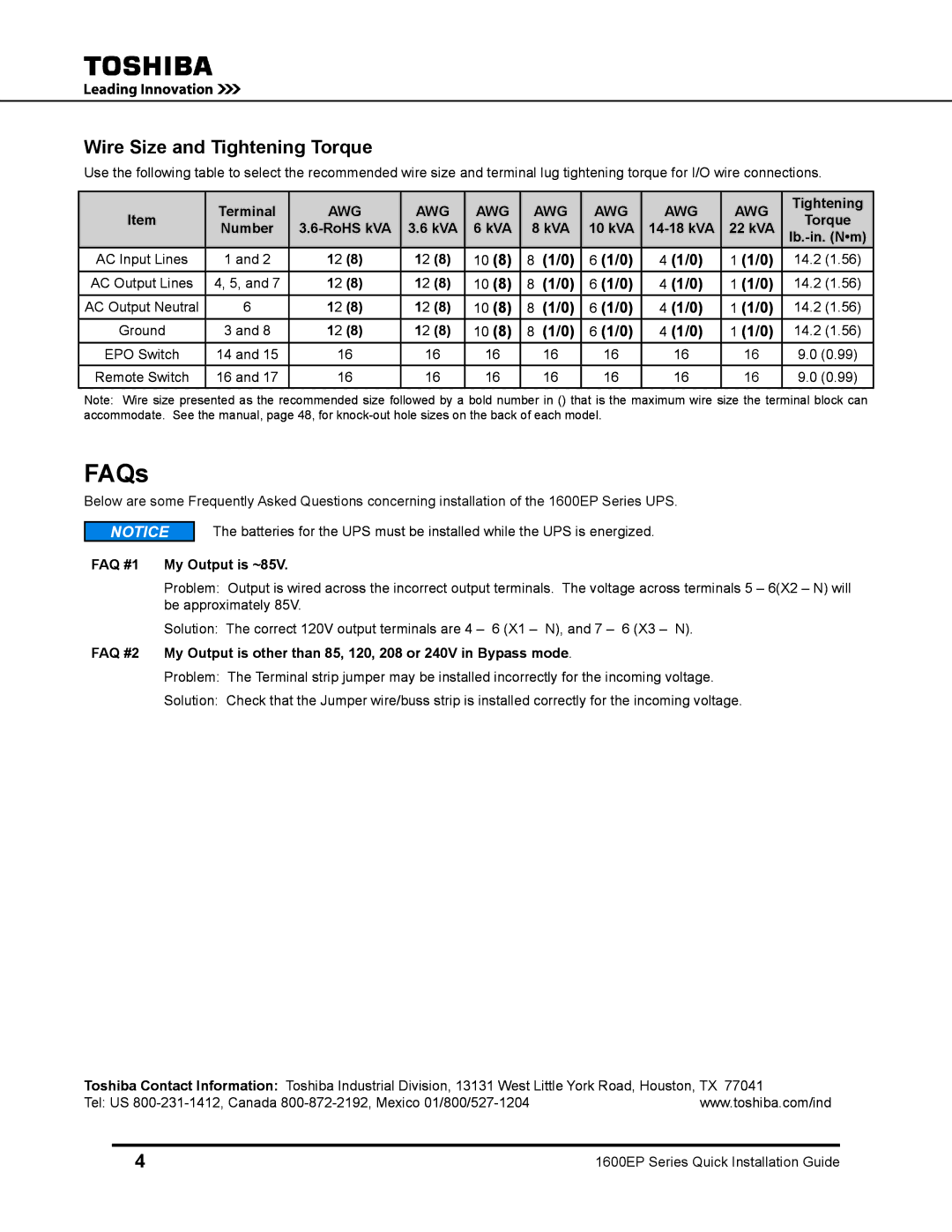 Toshiba 1600EP user manual FAQs, Wire Size and Tightening Torque 