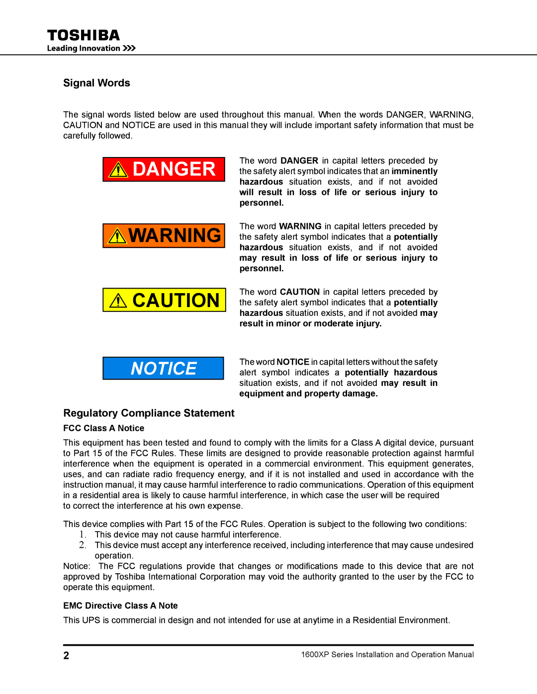 Toshiba 1600XP manual Signal Words, Regulatory Compliance Statement, FCC Class a Notice, EMC Directive Class a Note 