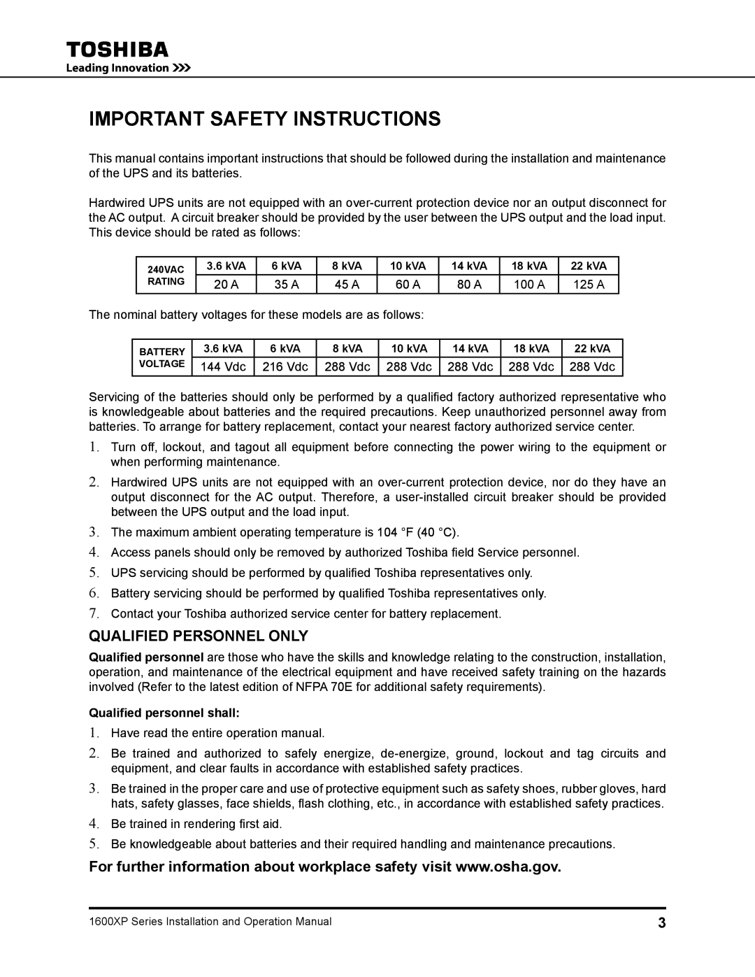 Toshiba 1600XP manual 20 a, 45 a 60 a 80 a 100 a 125 a, Vdc 216 Vdc 288 Vdc, Qualified personnel shall 