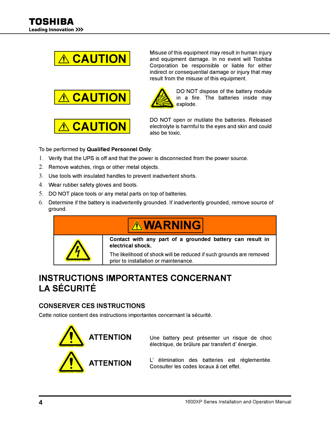 Toshiba 1600XP manual Instructions Importantes Concernant LA Sécurité, To be performed by Qualified Personnel Only 