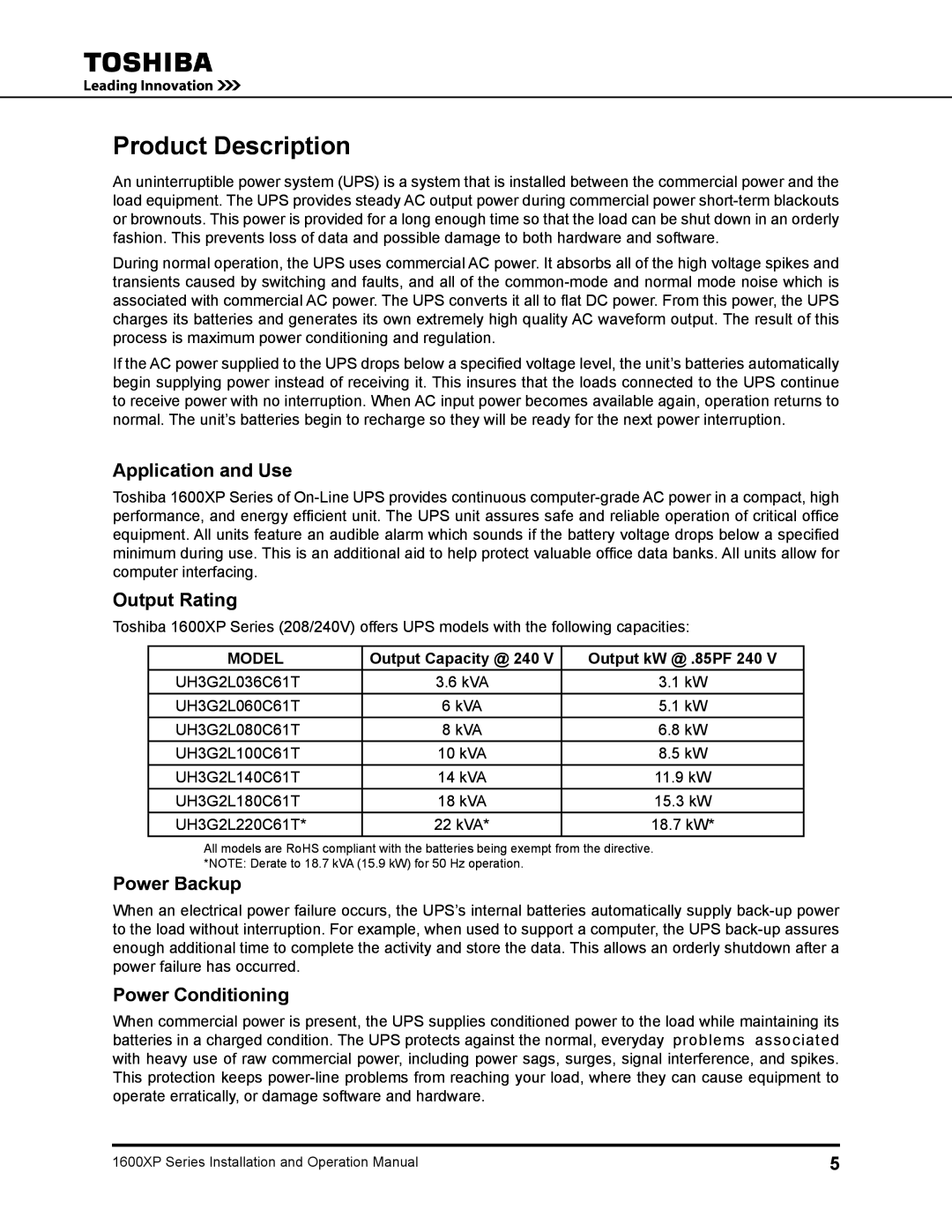 Toshiba 1600XP manual Product Description, Application and Use, Output Rating, Power Backup, Power Conditioning 