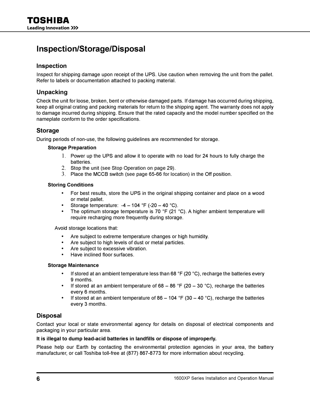 Toshiba 1600XP manual Inspection/Storage/Disposal, Unpacking 
