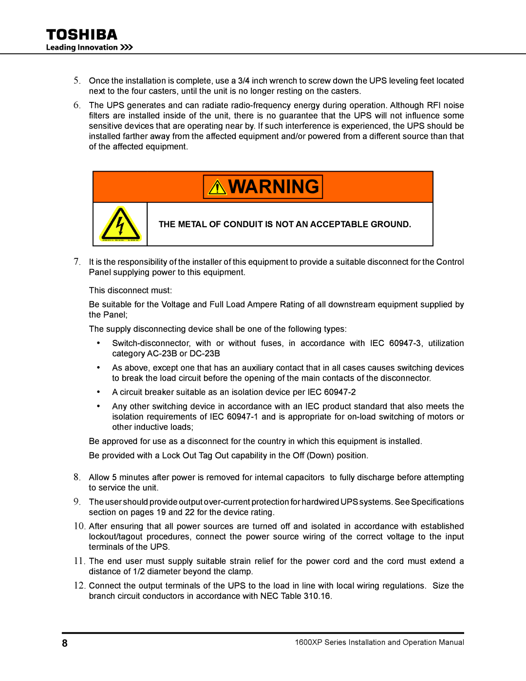 Toshiba 1600XP manual Metal of Conduit is not AN Acceptable Ground 