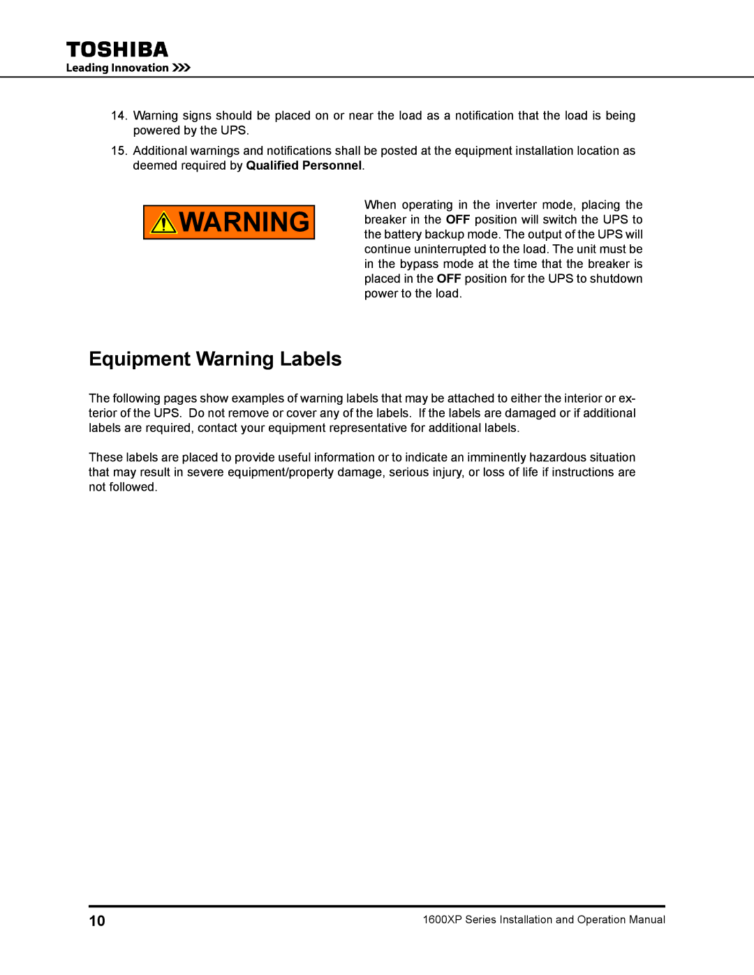 Toshiba 1600XP manual Equipment Warning Labels 